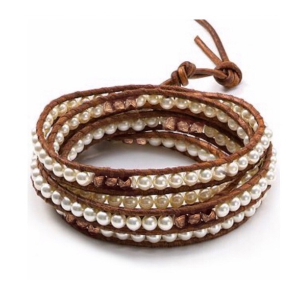 CHAN LUU • Pearl Wrap Boho Gold Leather Bracelet